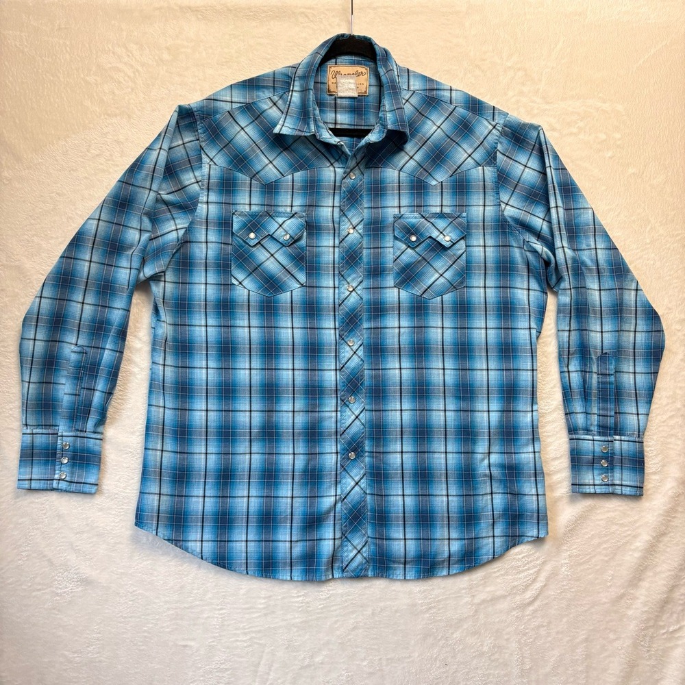 Wrangler Shirt Men XL Blue Plaid Vtg Western Pearl‎ Snap Sawtooth Long Sleeve